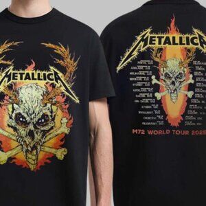 Metallica M72 World Tour 2025 2026 Flame Skull Dates Back Two Sided T-Shirt 249